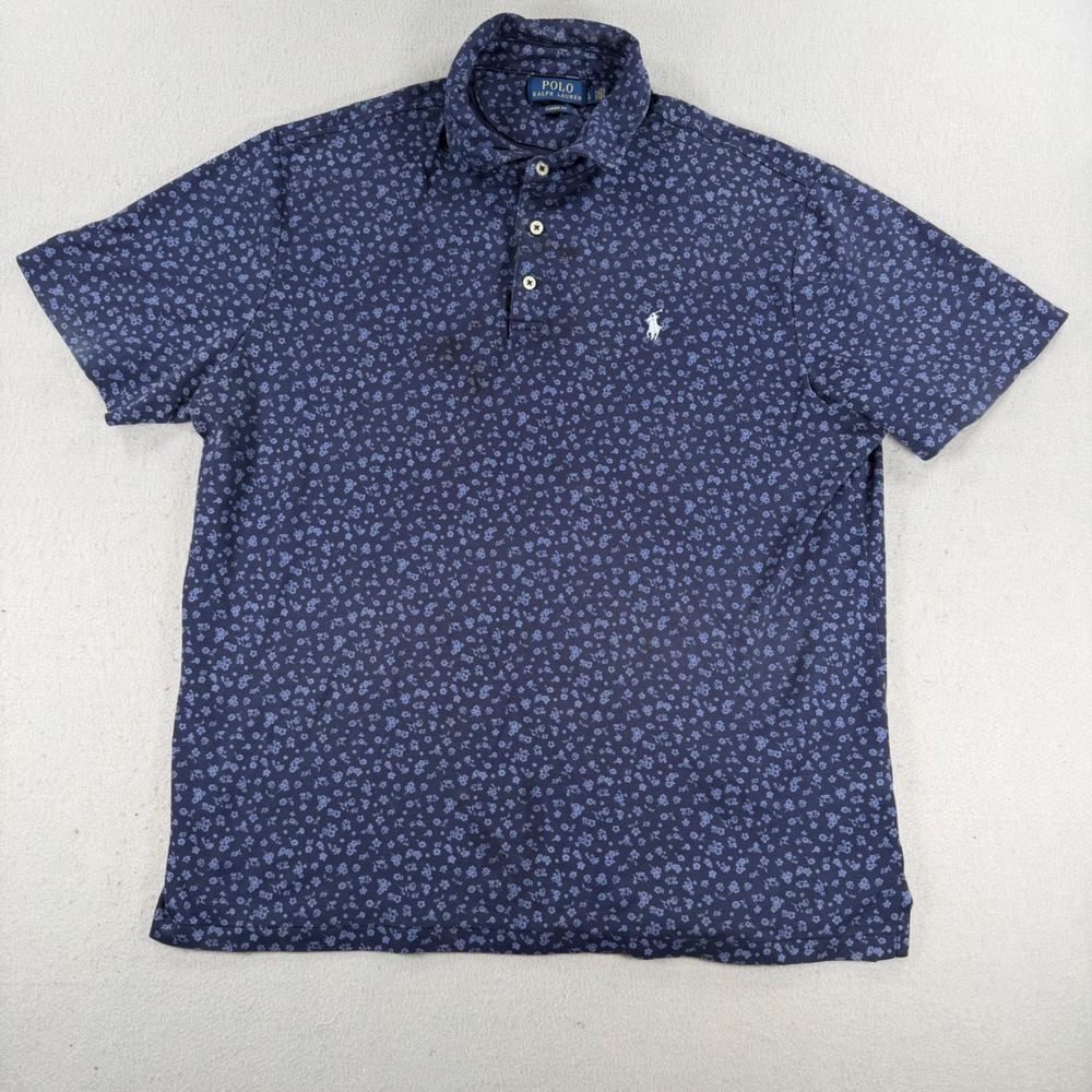 Polo Ralph Lauren Mens Large Navy Blue Floral Classic Fit Cotton Polo Shirt
